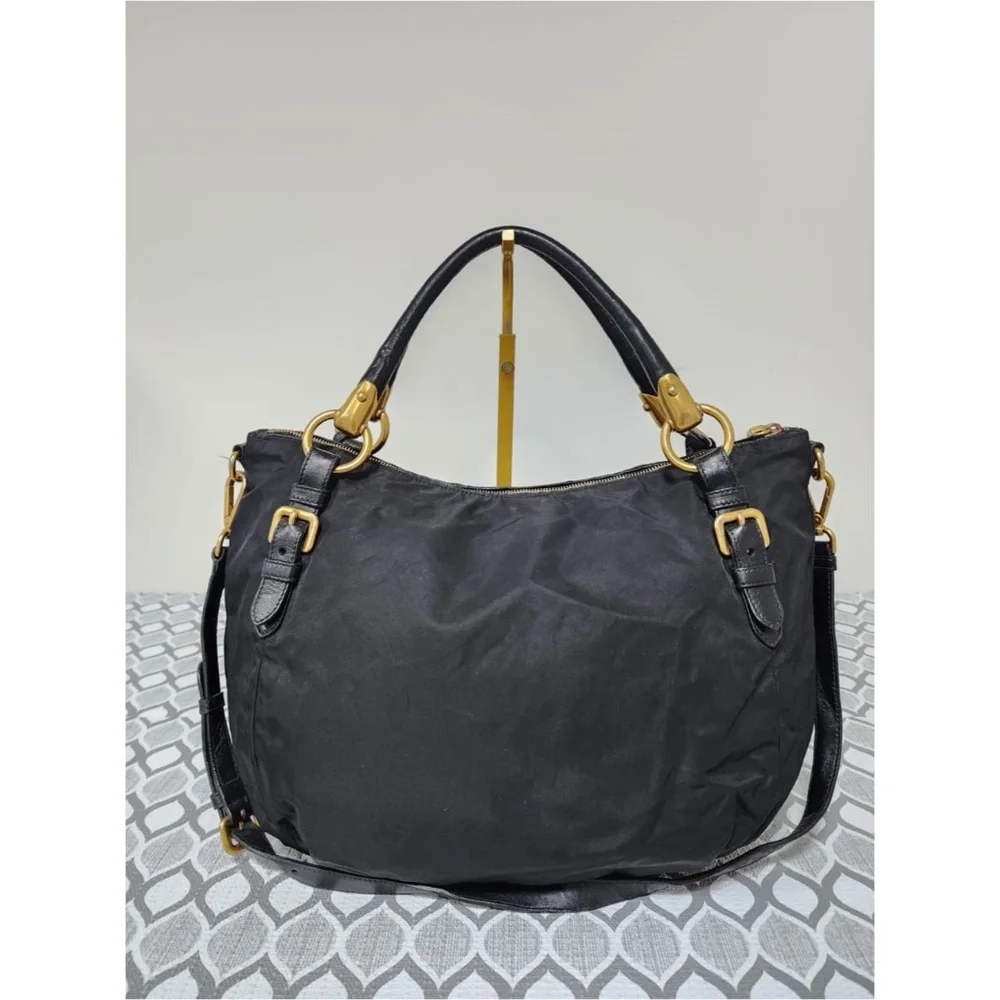 Authentic Prada Nylon Top Handle Jacquard Satchel Bag Black